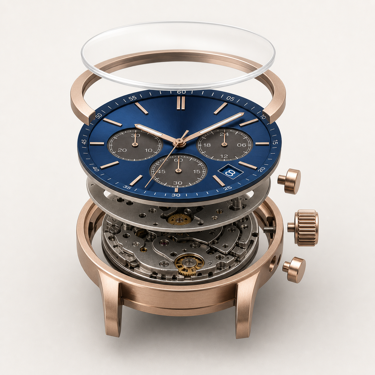 Exploded technical render of the blue-dial chronograph core assembly before sample build