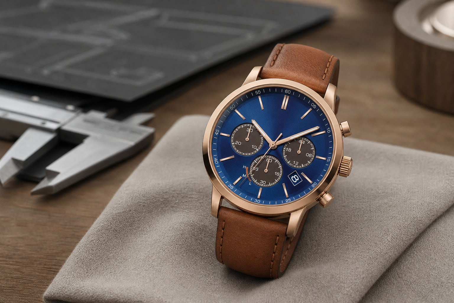 Finished blue-dial chronograph sample photographed in a realistic workbench scene