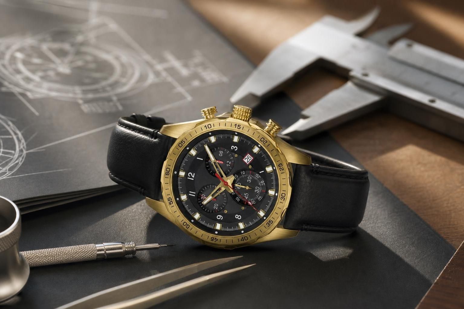 Finished yellow-accented sport chronograph sample styled in a realistic product scene